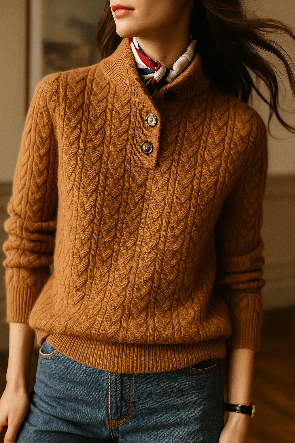 Maglione Donna a Treccia con Colletto e Bottoni | Elisa