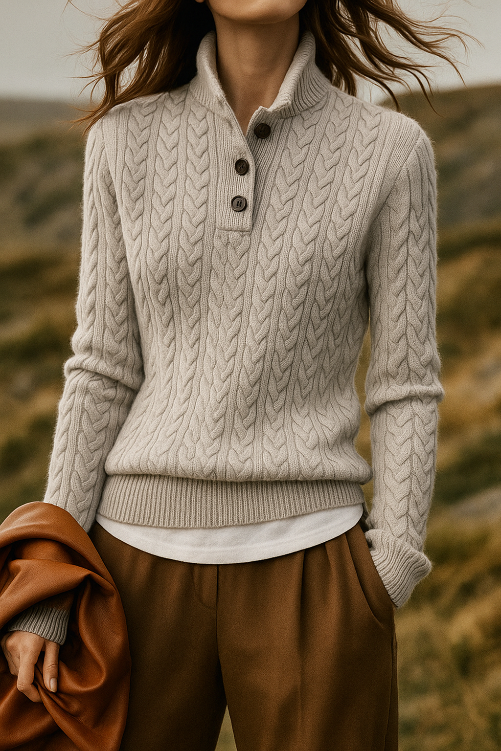 Maglione Donna a Treccia con Colletto e Bottoni | Elisa Grigio