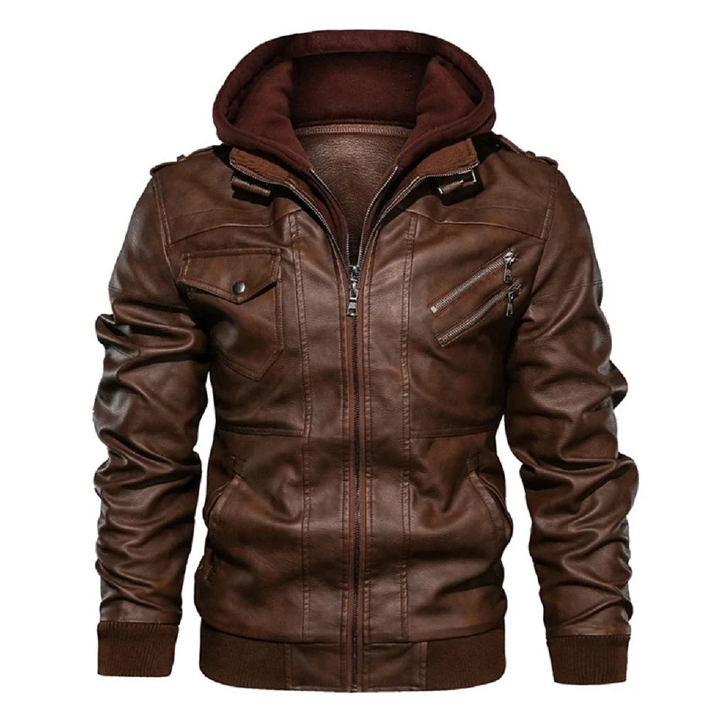 Marcello | Giacca in Pelle Casual Uomo con Cappuccio Marrone