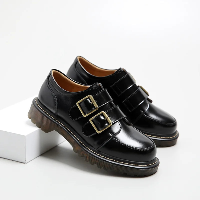 Mia | Donna Loafers in Pelle Mule Doppia Fibbia Brogue Nero Nero