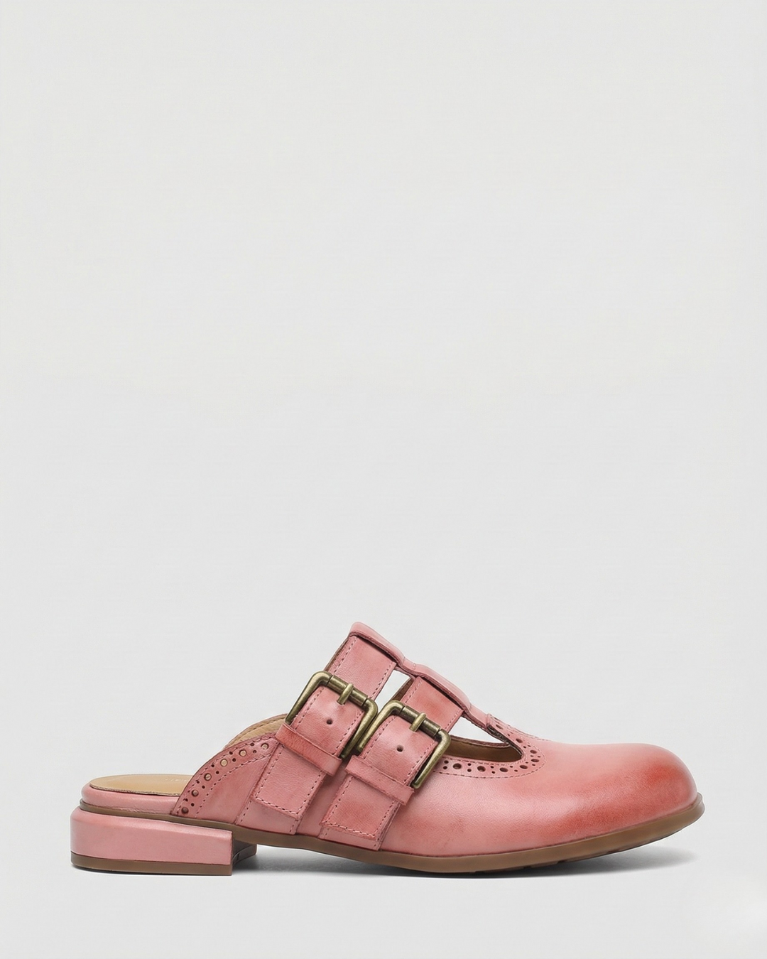 Mia | Donna Mule Piatte Pelle Doppia Fibbia Dettaglio Brogue