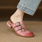 Mia | Donna Mule Piatte Pelle Doppia Fibbia Dettaglio Brogue