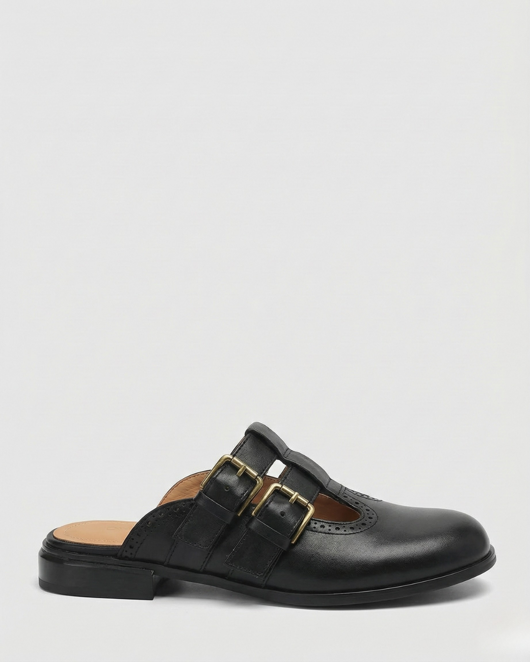 Mia | Donna Mule Piatte Pelle Doppia Fibbia Dettaglio Brogue nero
