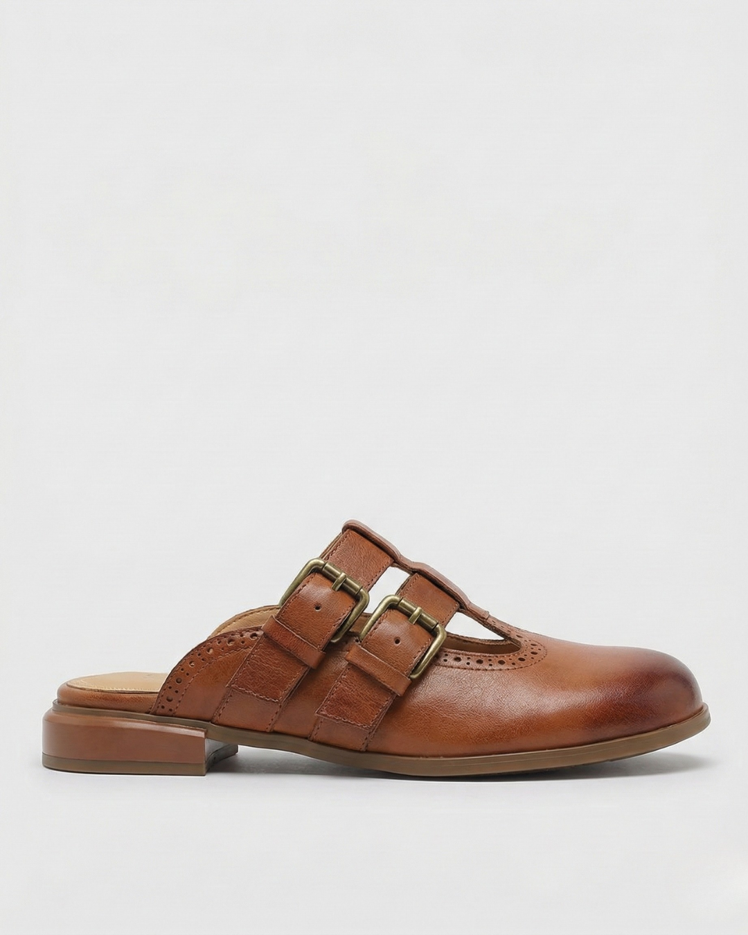 Mia | Donna Mule Piatte Pelle Doppia Fibbia Dettaglio Brogue Marrone
