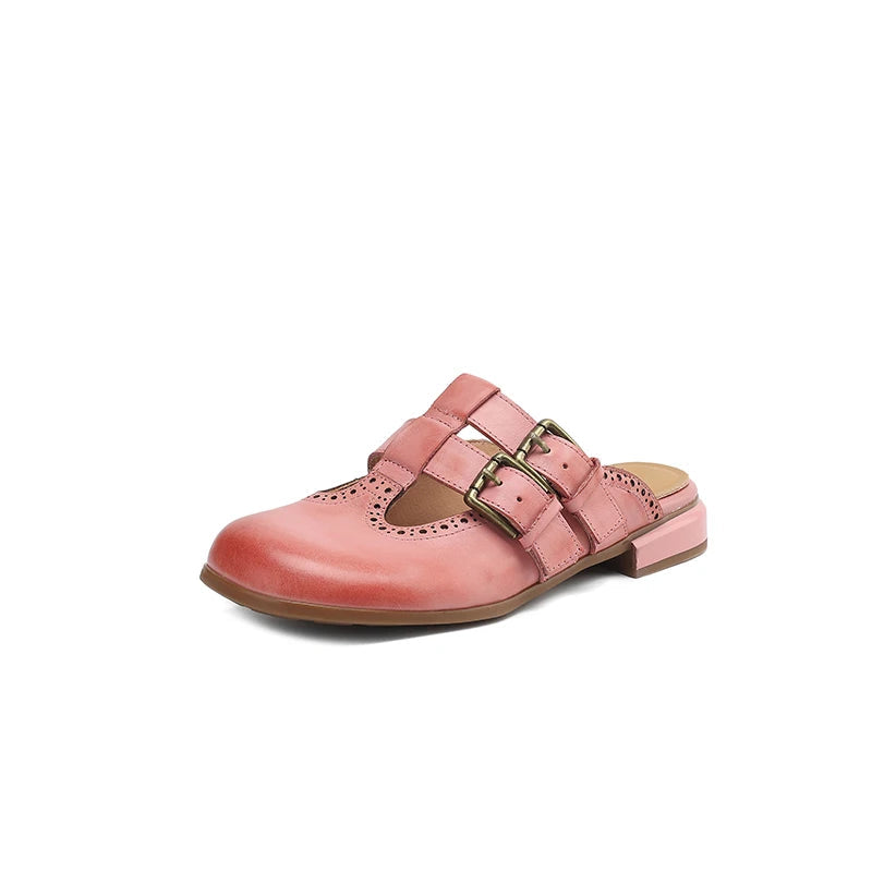 Mia | Donna Mule Piatte Pelle Doppia Fibbia Dettaglio Brogue