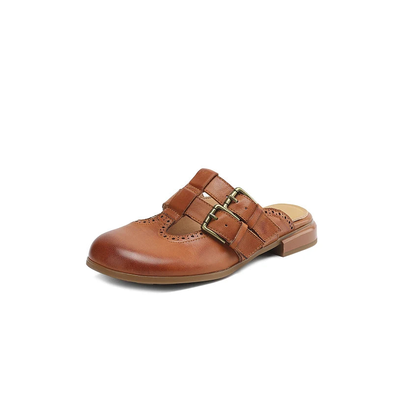 Mia | Donna Mule Piatte Pelle Doppia Fibbia Dettaglio Brogue
