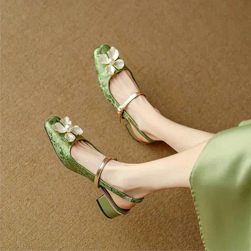 Mila | Scarpa da Donna Jacquard Floreale Mary Jane Punta Quadrata Verde