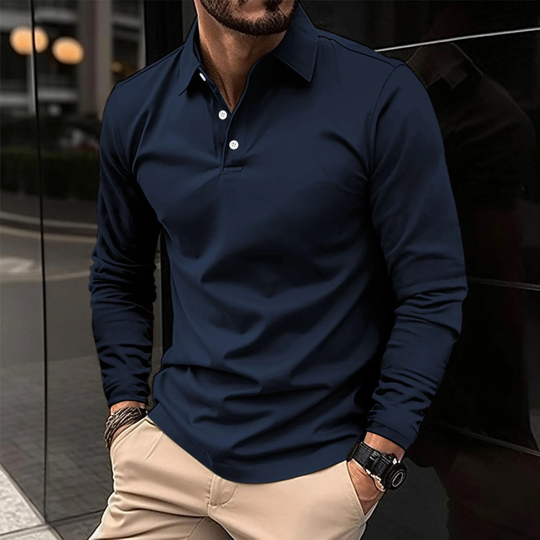 Misto | Polo a Manica Lunga Uomo Slim Fit in Cotone Blu navy