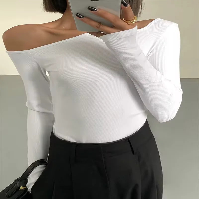 Mola | Maglietta Off-Spalla Maniche Lunghe Slim Fit Bianco