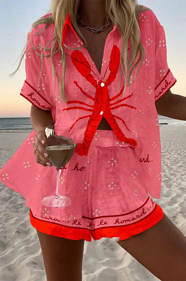 Women Lobster Print Summer Top and Shorts Set
