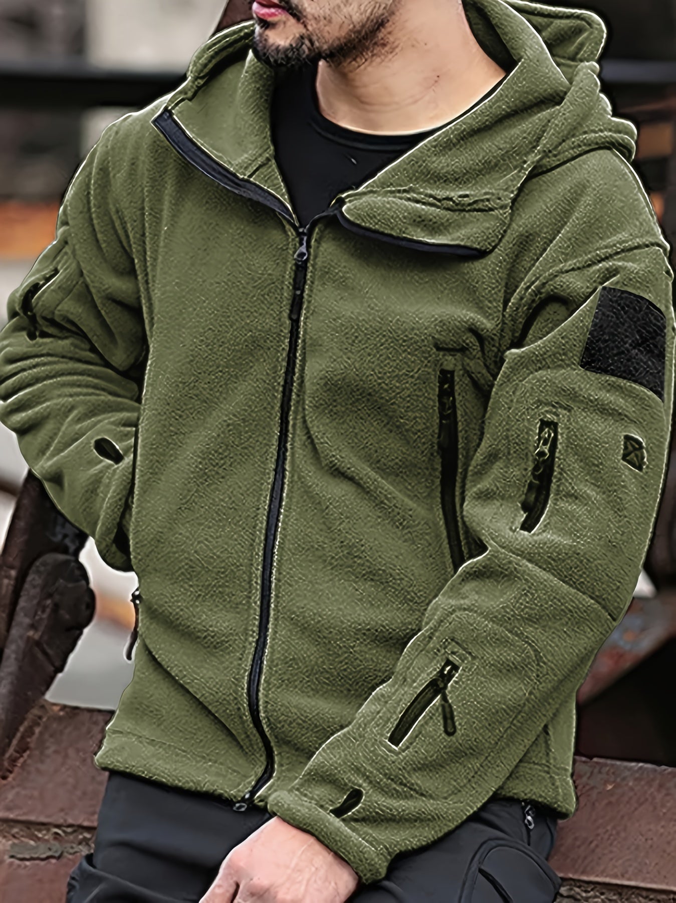 Hugo | Uomo Giacca Fleece Tattica con Cappuccio Full-Zip Verde