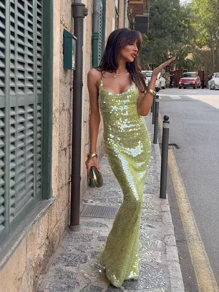 Pallaro | Abito Lungo in Paillettes con Spalline Sottili