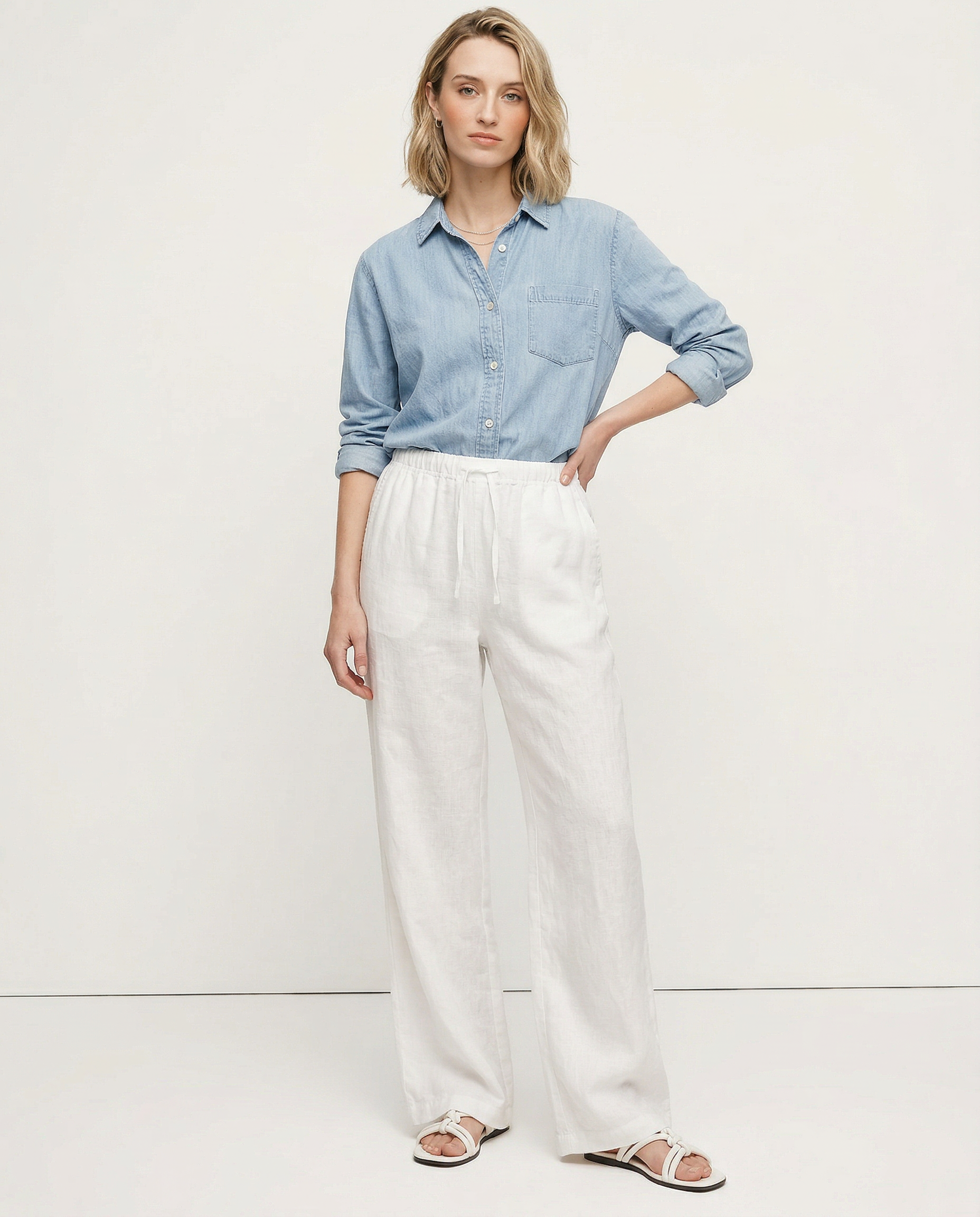 Paola | Donna Pantaloni Gamba Larga Lino Vita Elastica Coulisse Bianco