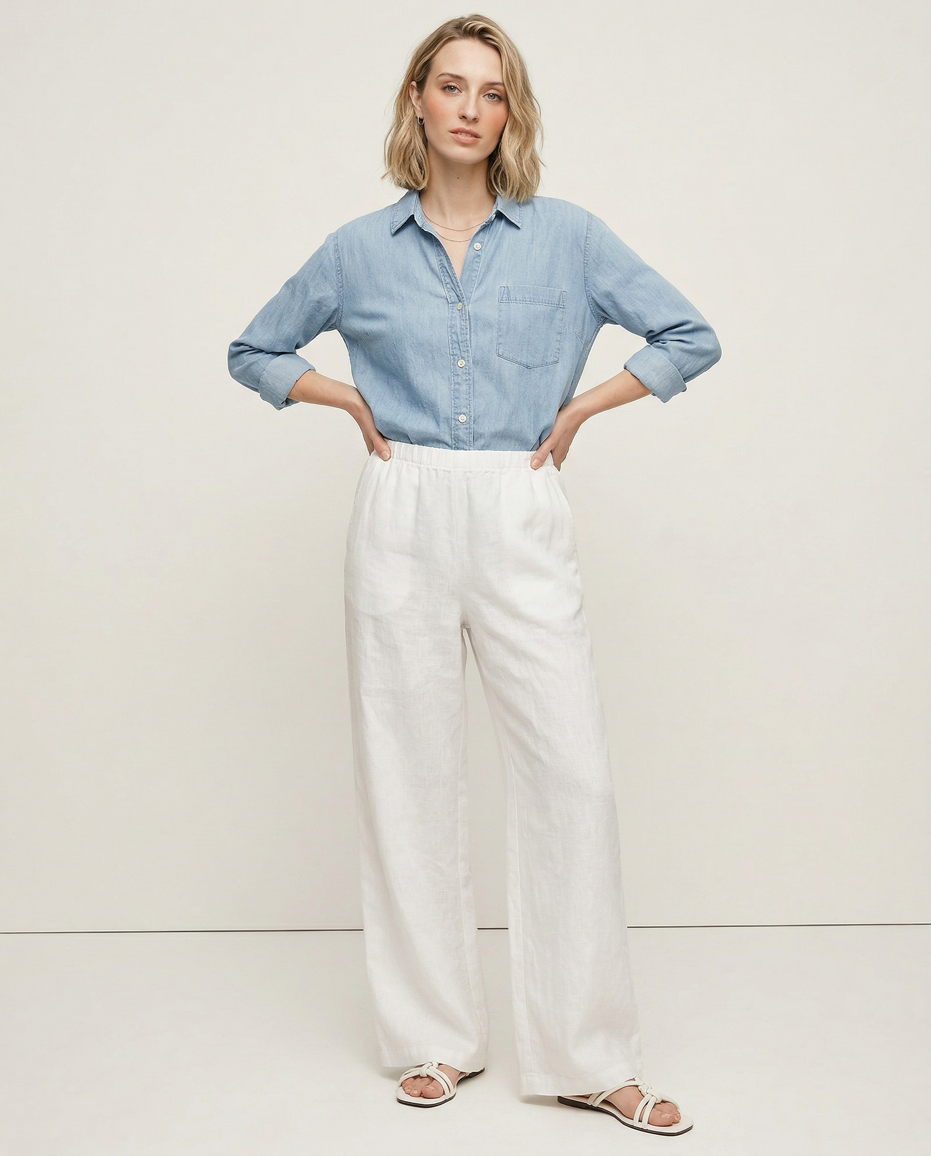 Paola | Donna Pantaloni Gamba Larga Lino Vita Elastica Coulisse