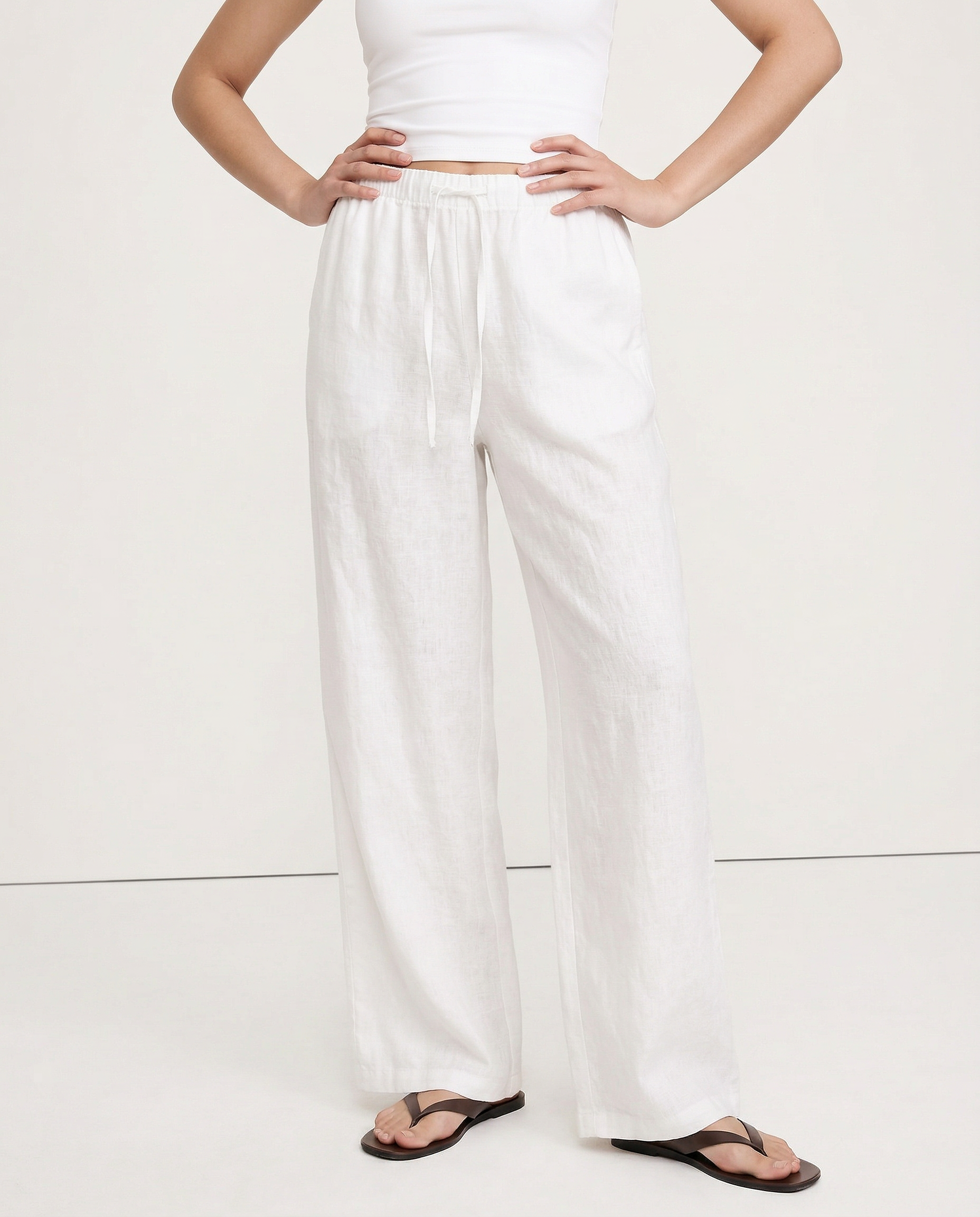 Paola | Donna Pantaloni Gamba Larga Lino Vita Elastica Coulisse