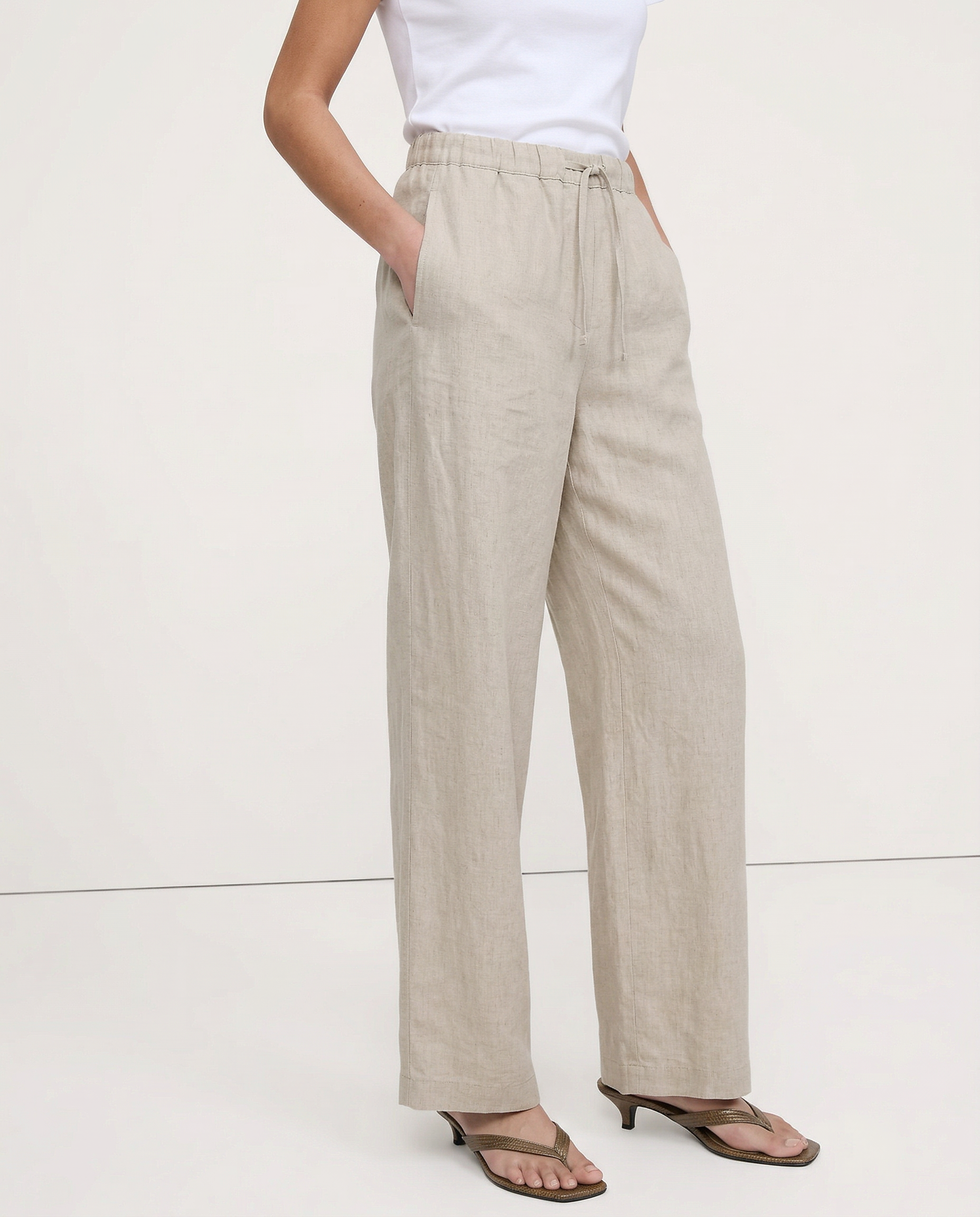 Paola | Donna Pantaloni Gamba Larga Lino Vita Elastica Coulisse Lino