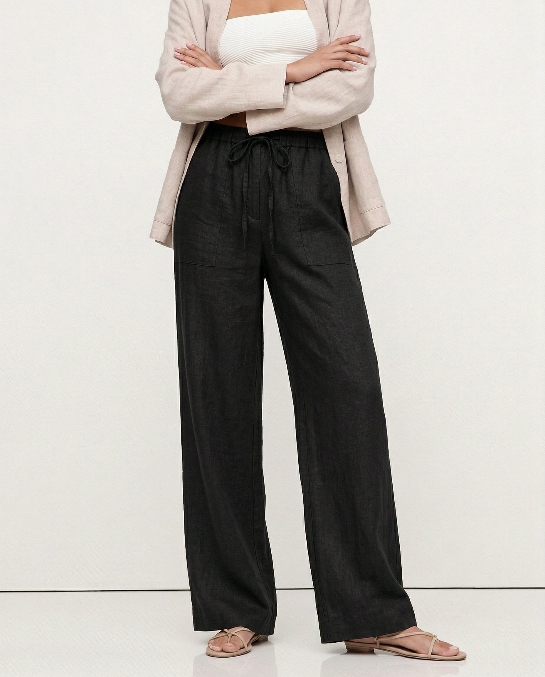 Patty| Donna Pantaloni Gamba Larga Lino Coulisse Tasche Applica Nero