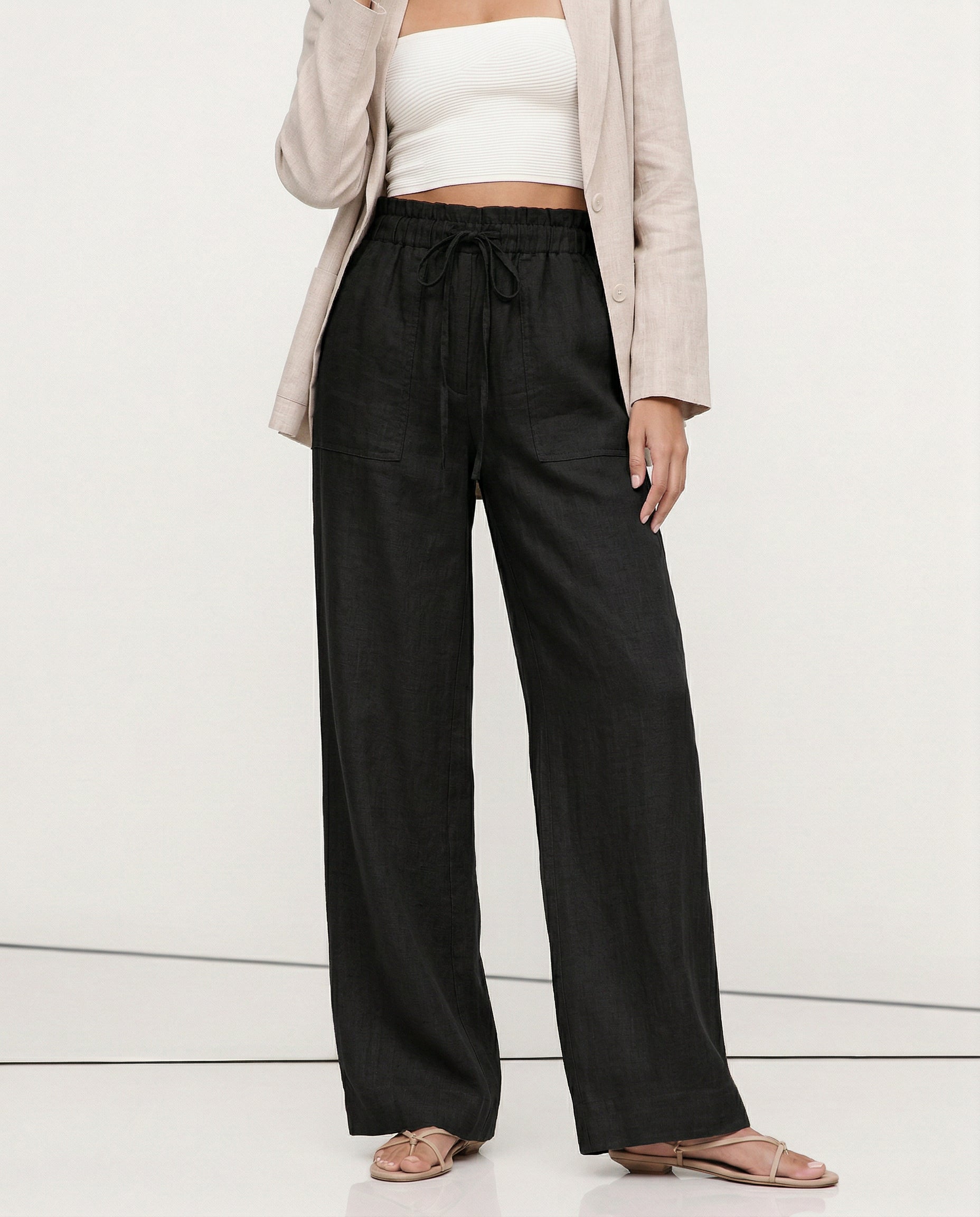 Patty| Donna Pantaloni Gamba Larga Lino Coulisse Tasche Applica