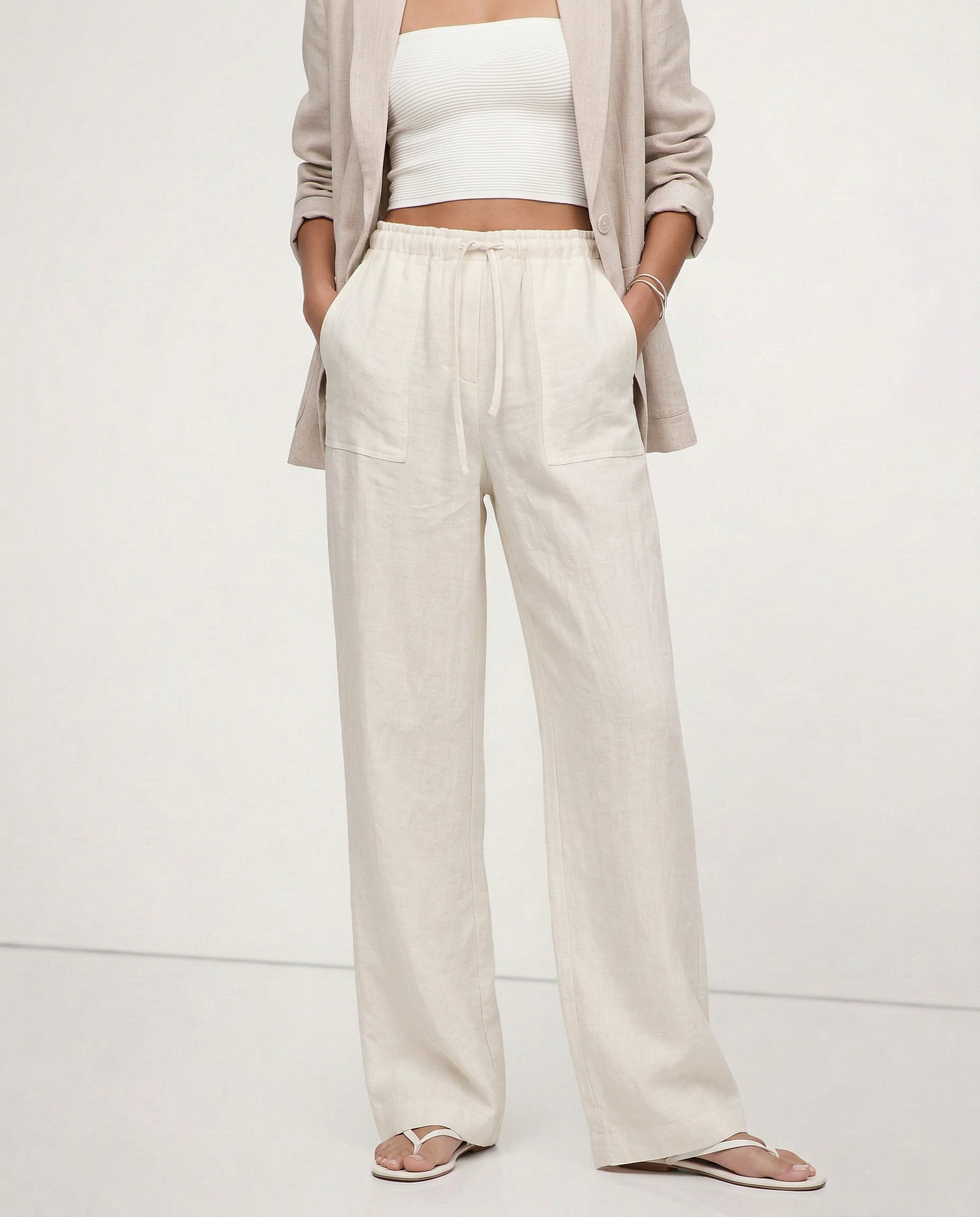 Patty| Donna Pantaloni Gamba Larga Lino Coulisse Tasche Applica 3