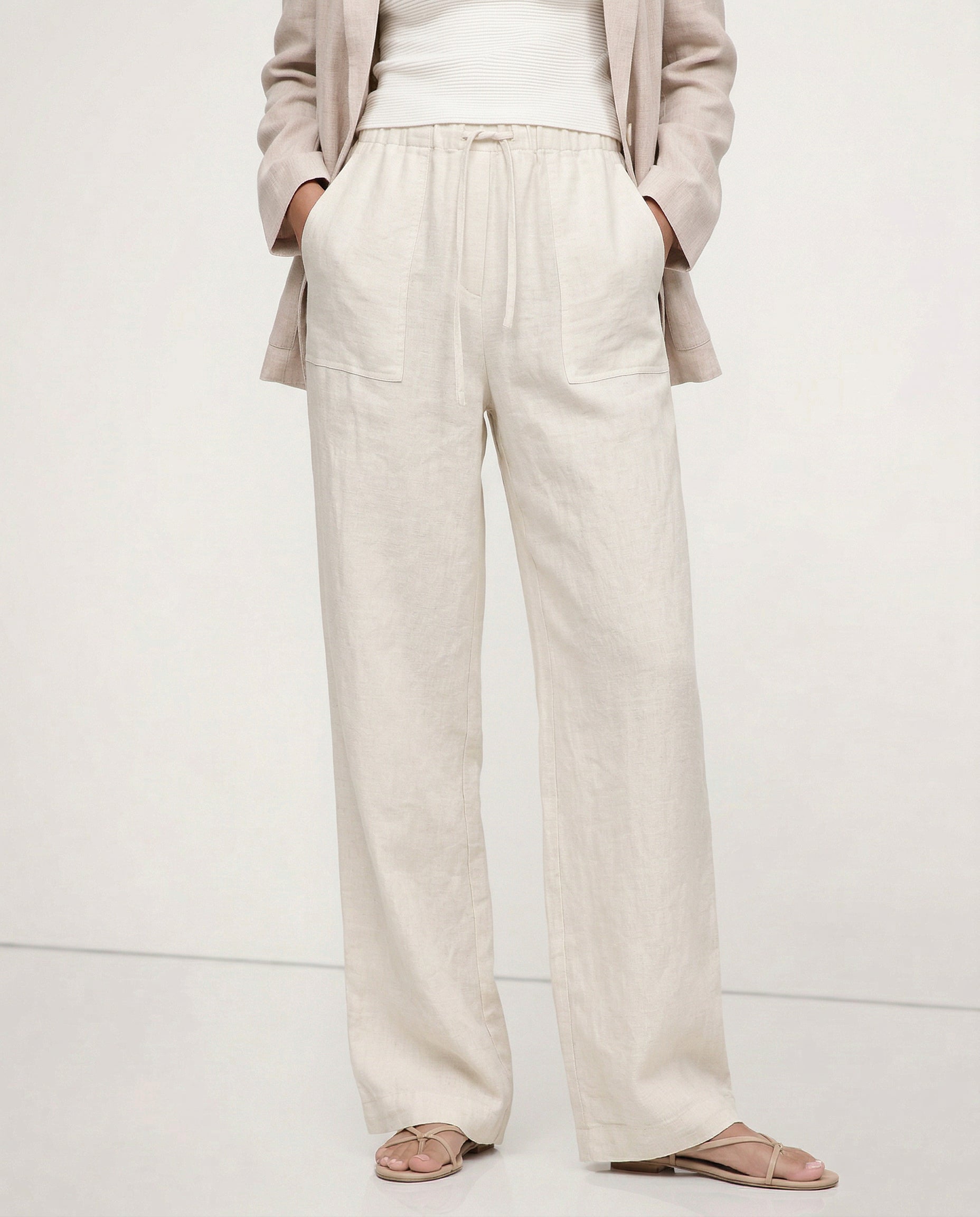 Patty| Donna Pantaloni Gamba Larga Lino Coulisse Tasche Applica