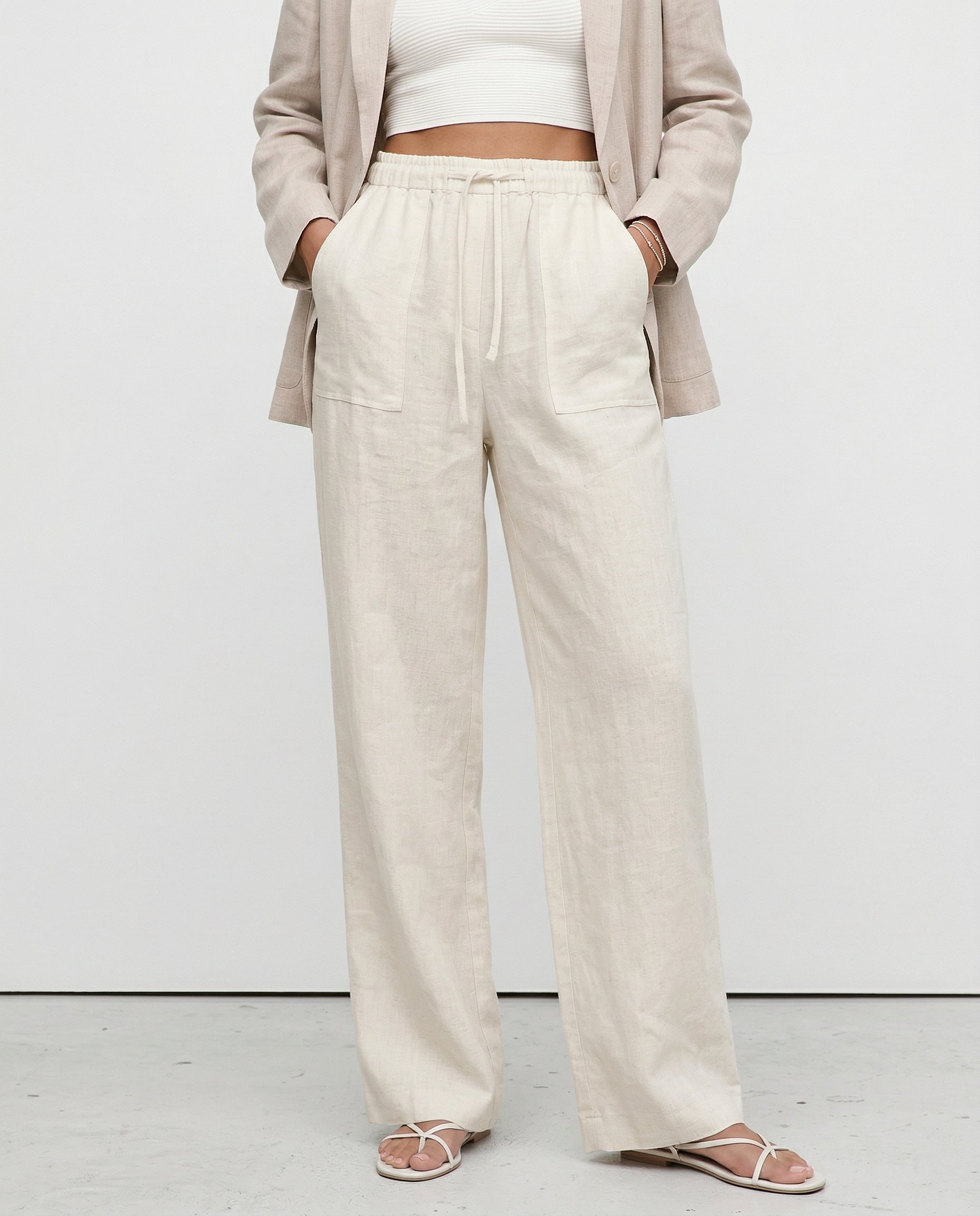 Patty| Donna Pantaloni Gamba Larga Lino Coulisse Tasche Applica