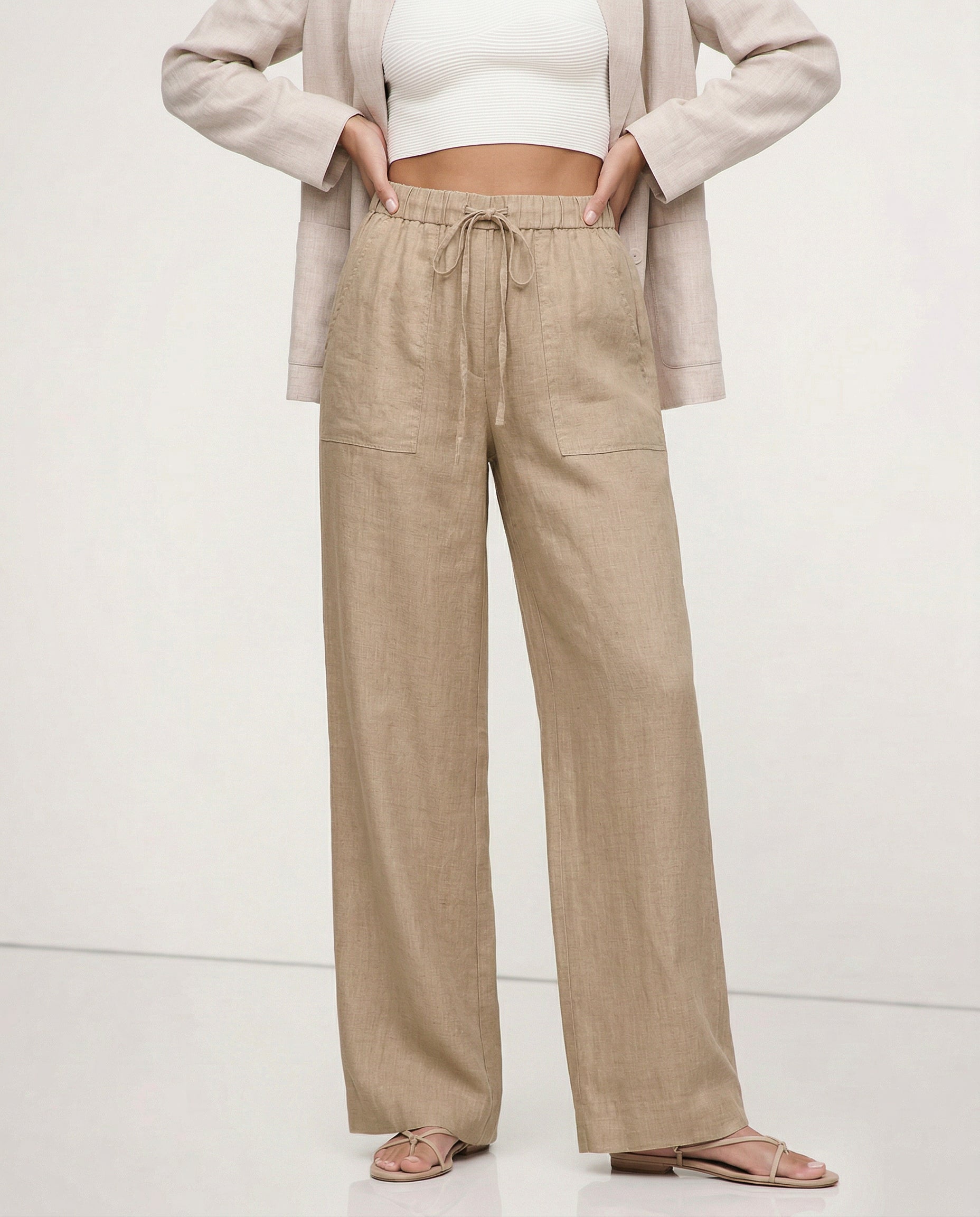 Patty| Donna Pantaloni Gamba Larga Lino Coulisse Tasche Applica Beige