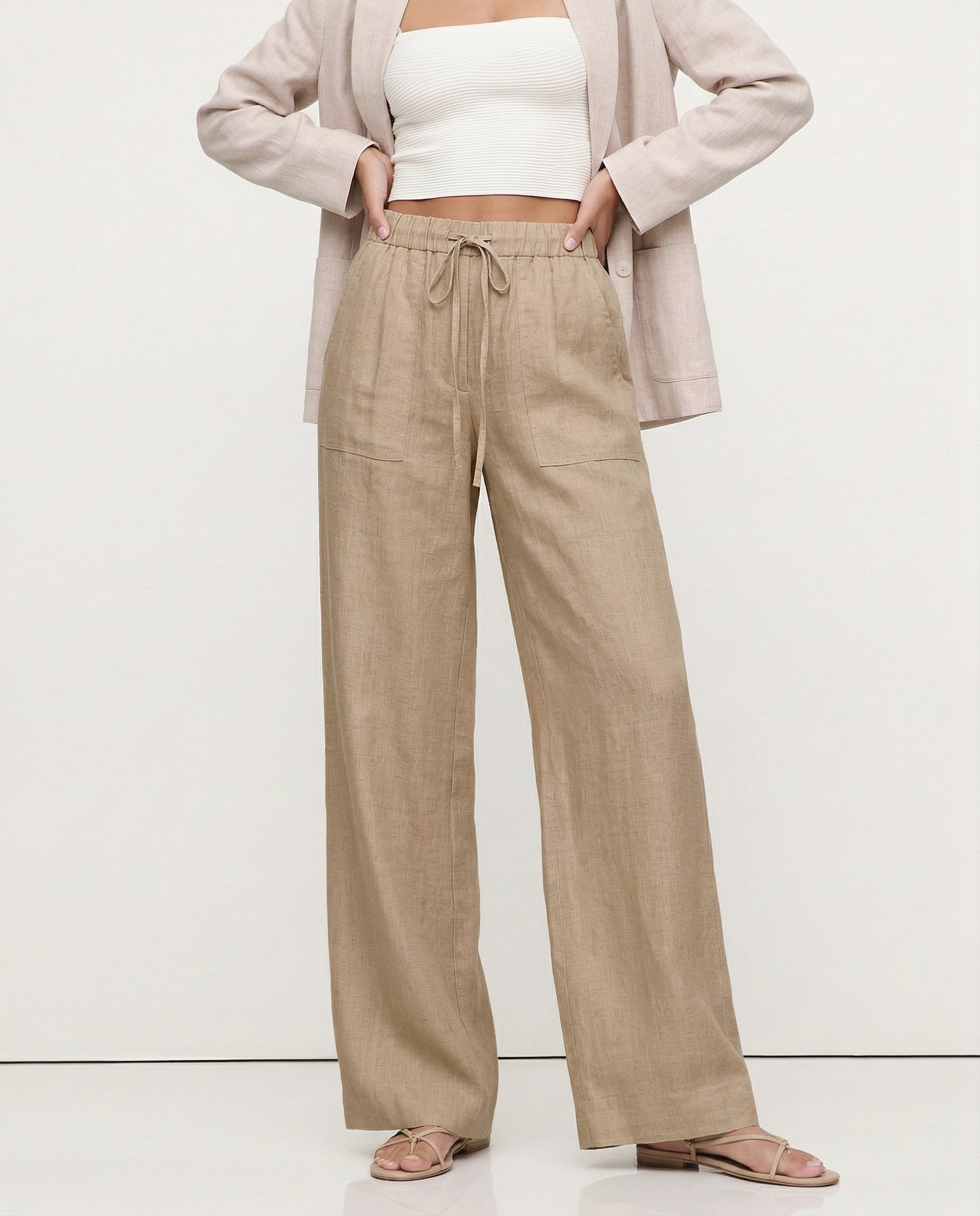 Patty| Donna Pantaloni Gamba Larga Lino Coulisse Tasche Applica 7