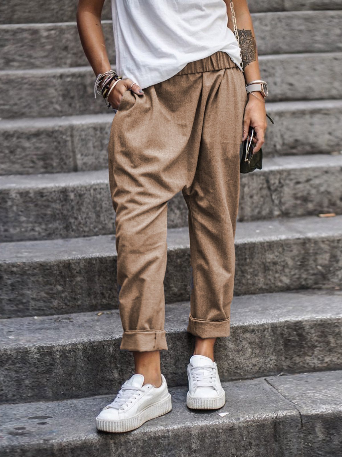 Pavira | Pantaloni Da Donna Cropped Con Vita Elastico Khaki