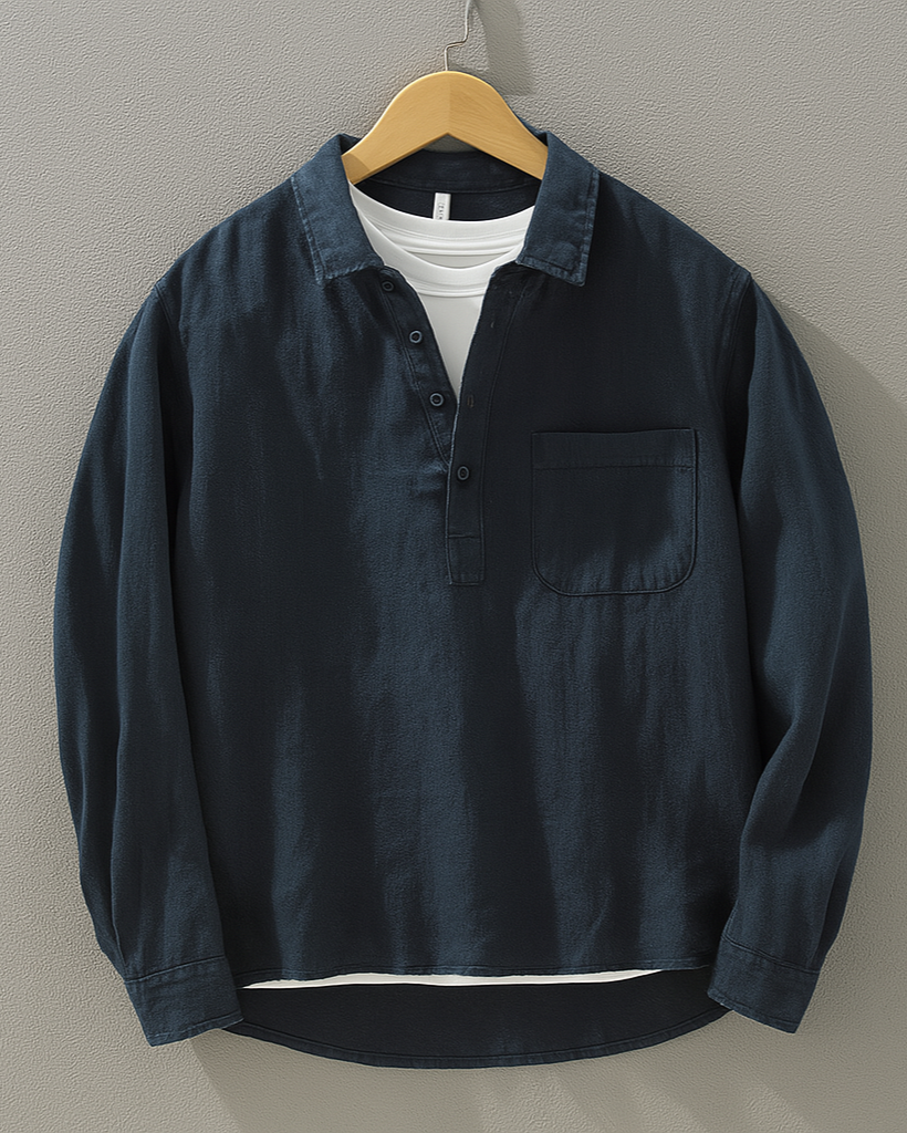 Popover in Lino Cotone per Uomo con Mezzo Bottone | Vyr Blu Navy