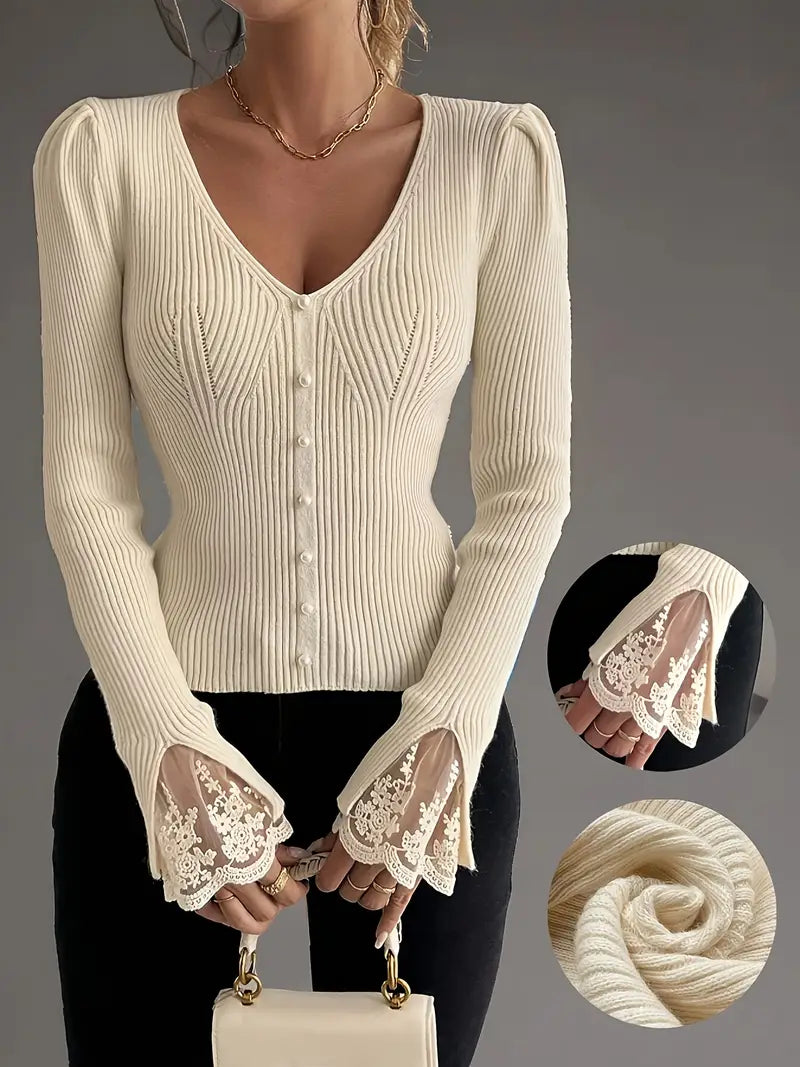 Rela | Maglia A Coste Con Pizzo Floreale Scollo A V Beige