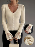 Rela | Maglia A Coste Con Pizzo Floreale Scollo A V Beige