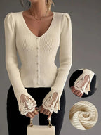 Rela | Maglia A Coste Con Pizzo Floreale Scollo A V Beige
