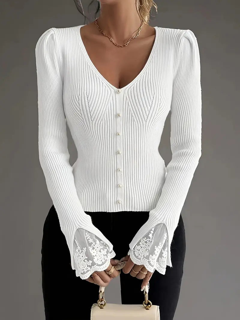 Rela | Maglia A Coste Con Pizzo Floreale Scollo A V Bianco