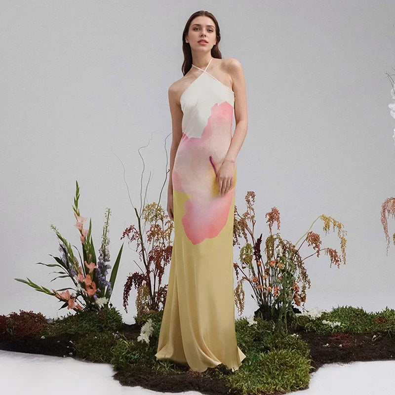Women's Two-Way Shoulder Printed Maxi Dress