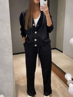Sandra | Donna Completo Con Pantaloni Gamba Larga Cardigan Maglia Nero