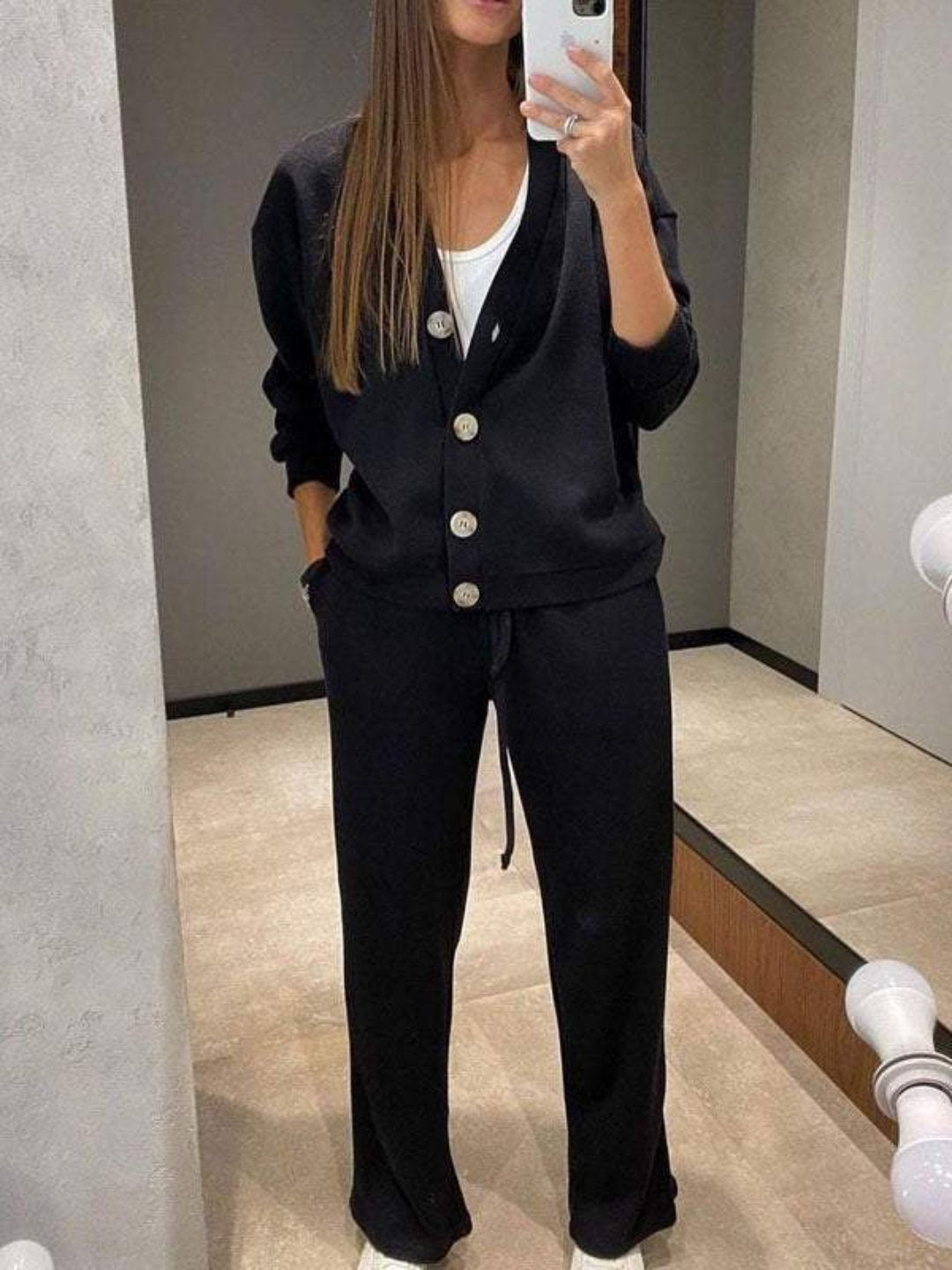 Sandra | Donna Completo Con Pantaloni Gamba Larga Cardigan Maglia Nero