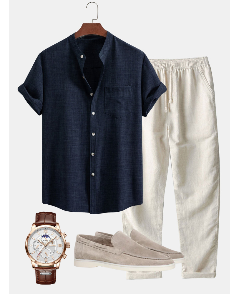 Set di Abbigliamento per Uomini | Xalor Set Blu Scuro + Mocassini Beige Chiaro + Orologio