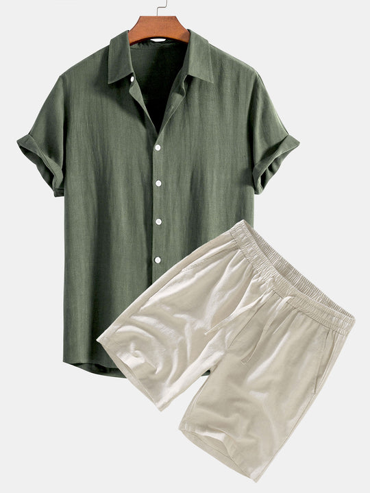 Set di Camicia e Pantaloni Corti in Lino per Uomini | Trevix Verde