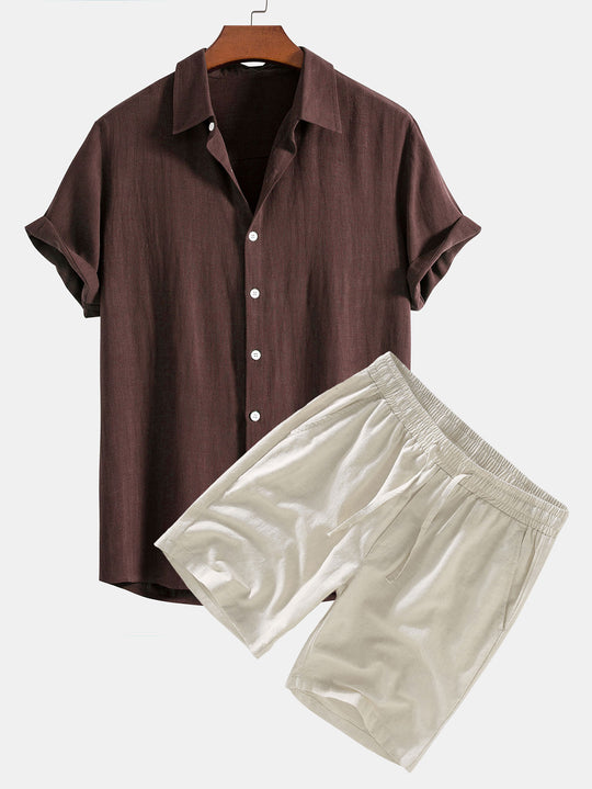 Set di Camicia e Pantaloni Corti in Lino per Uomini | Trevix Marrone