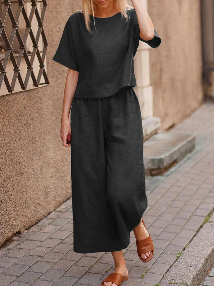 Sorela | Completo Donna Camicia Pantaloni Manica Corta Gamba Larga Nero