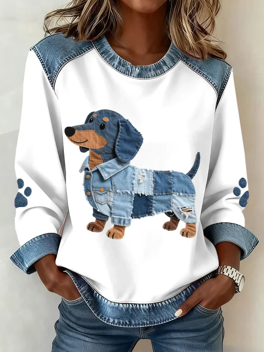 Swelva | Felpa Donna Grafica Stampa Cane Bordo Denim Girocollo