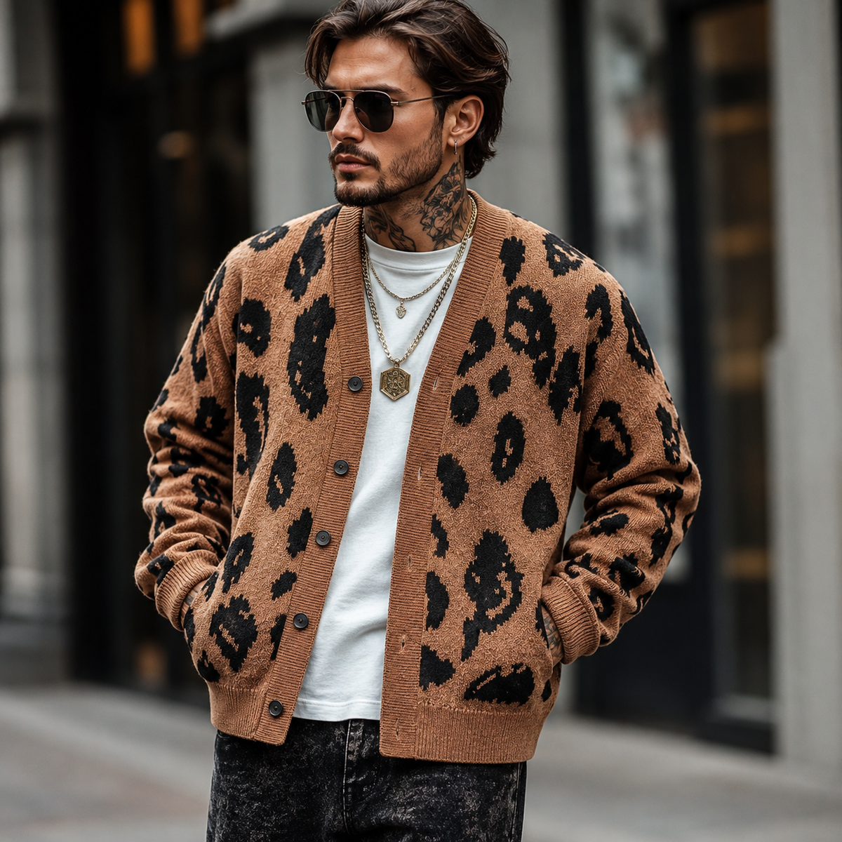 Men's Knit Leopard Print Cardigan Sweater with V-Neckline Button Front