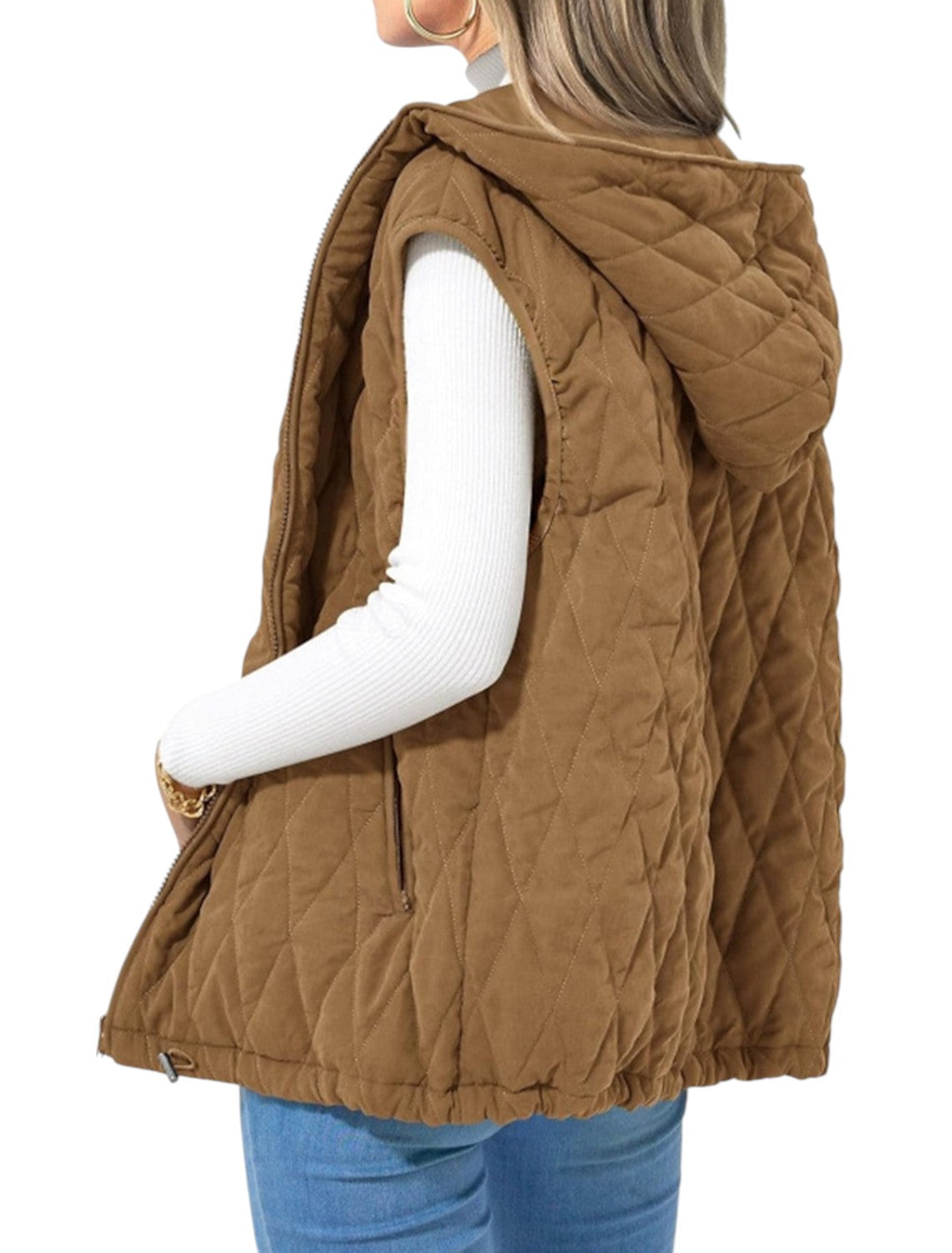 Velta | Gilet Trapuntato Donna con Cappuccio e Zip Cammello