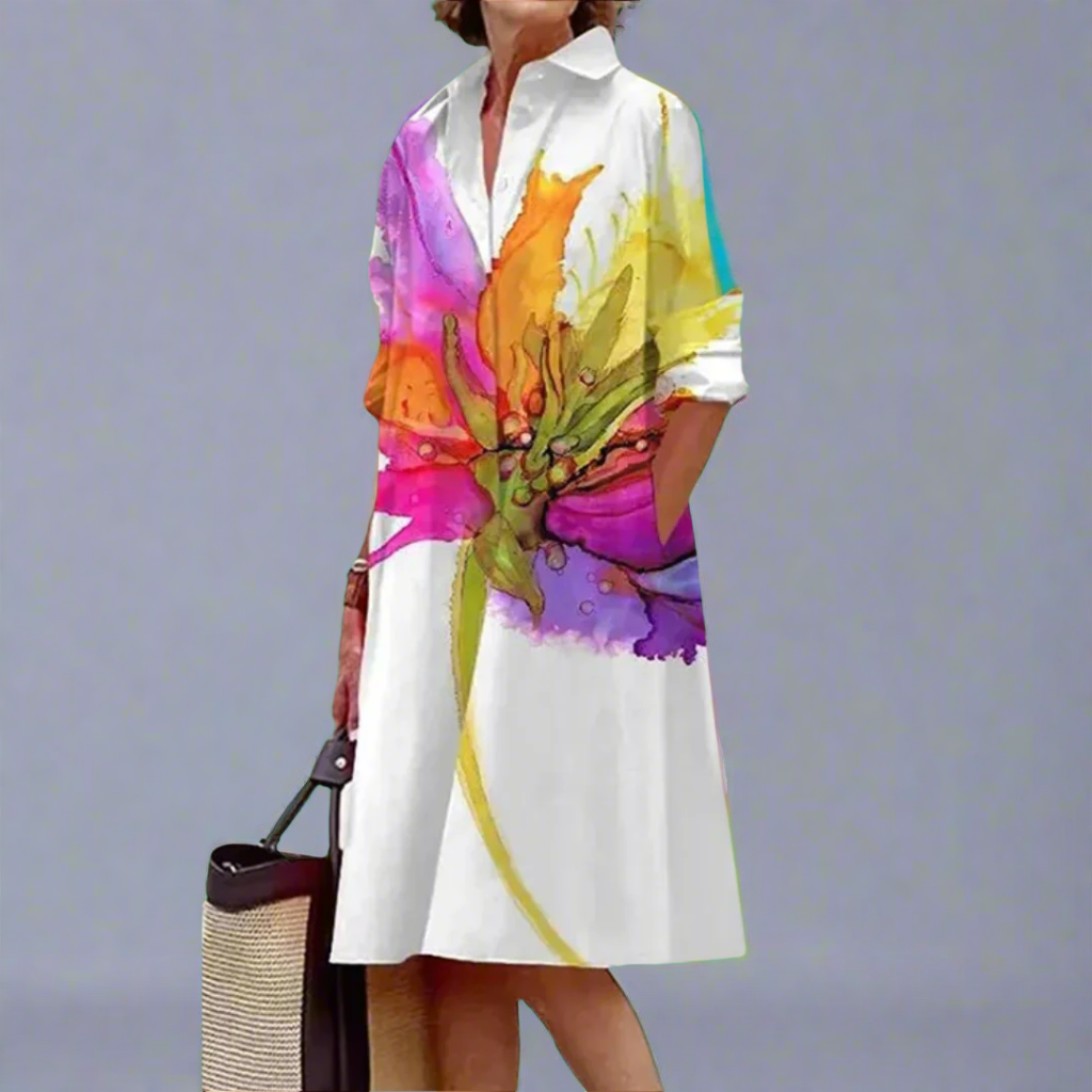 Vera | Abito Chemisier Midi Donna Stampa Floreale Astratta Maniche Lunghe