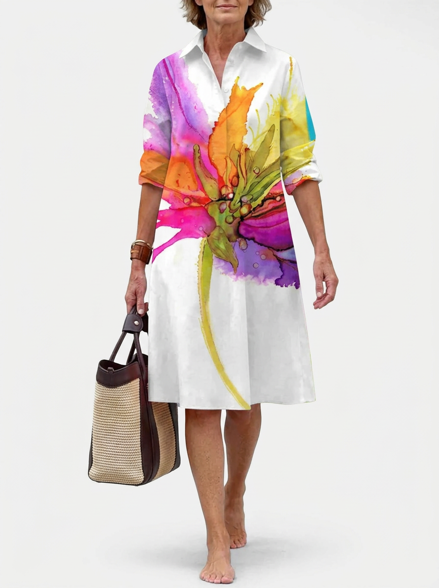 Vera | Abito Chemisier Midi Donna Stampa Floreale Astratta Maniche Lunghe