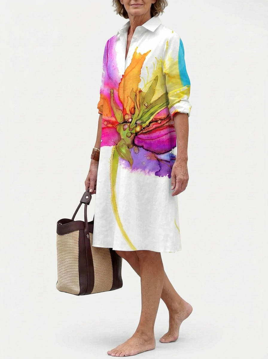 Vera | Abito Chemisier Midi Donna Stampa Floreale Astratta Maniche Lunghe