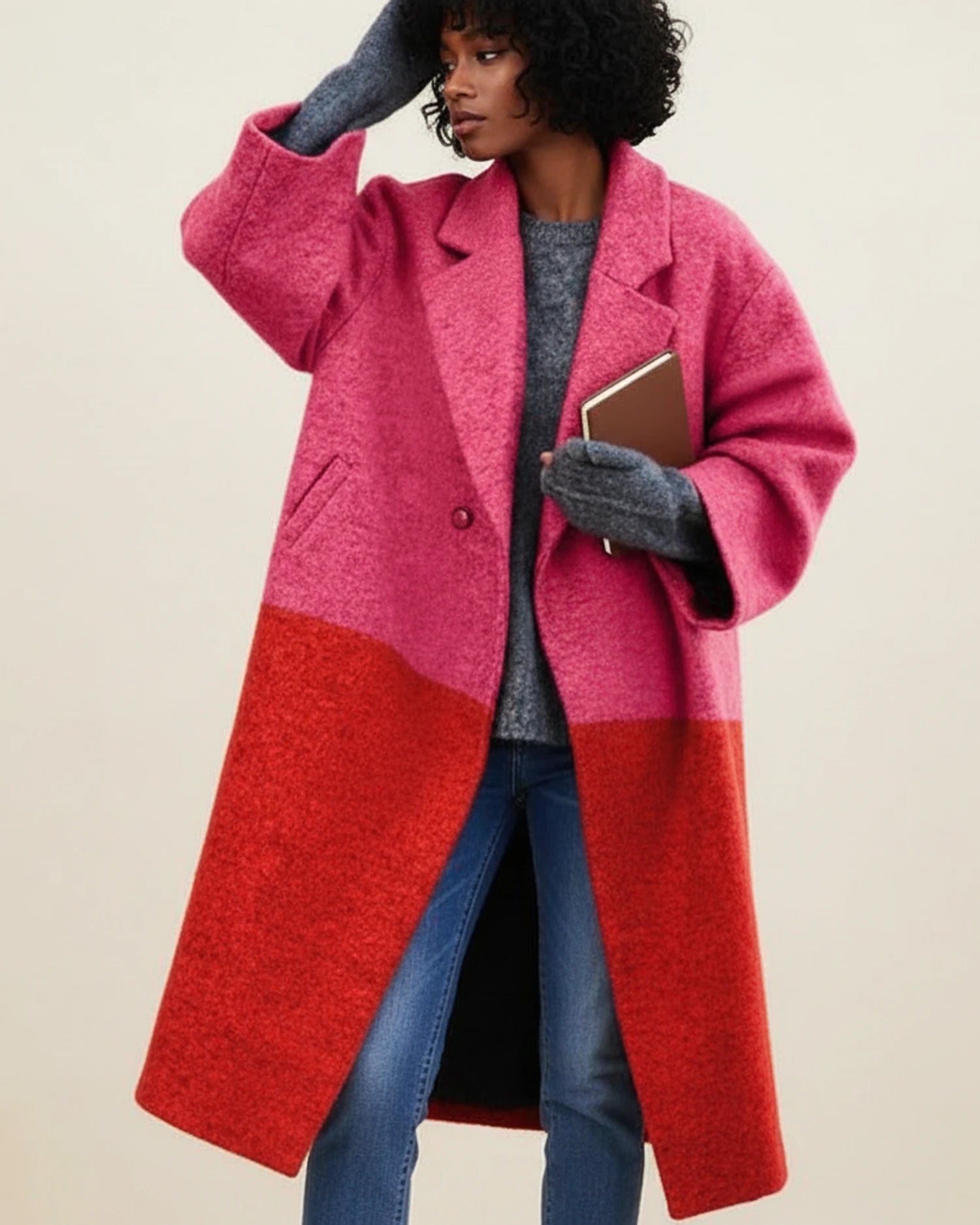 Cappotto Oversize Color Block Lungo per Donna | Zelara Rosa-Rosso