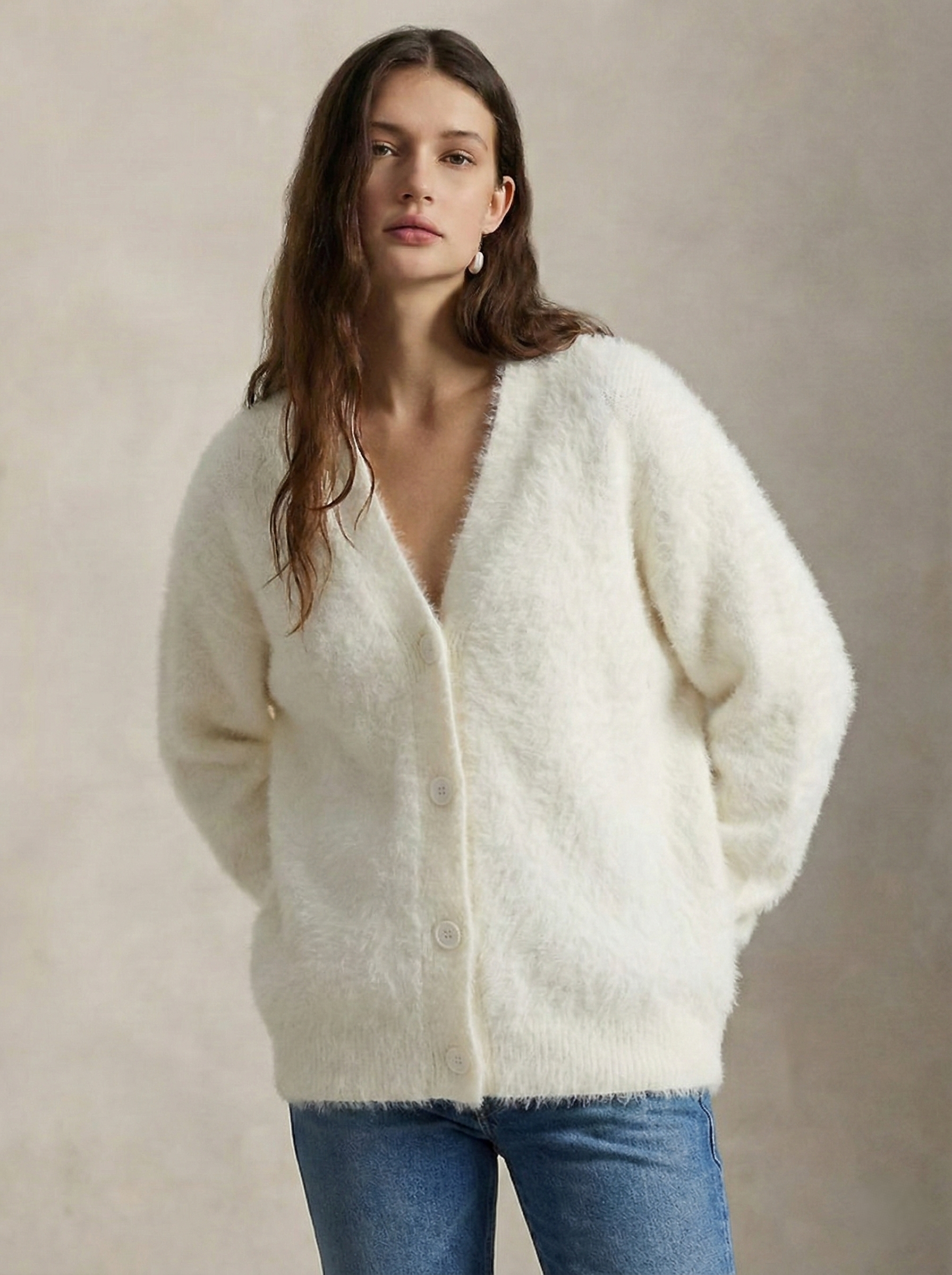 Zelvani | Cardigan Morbido In Finto Cashmere Pelliccia di Neve