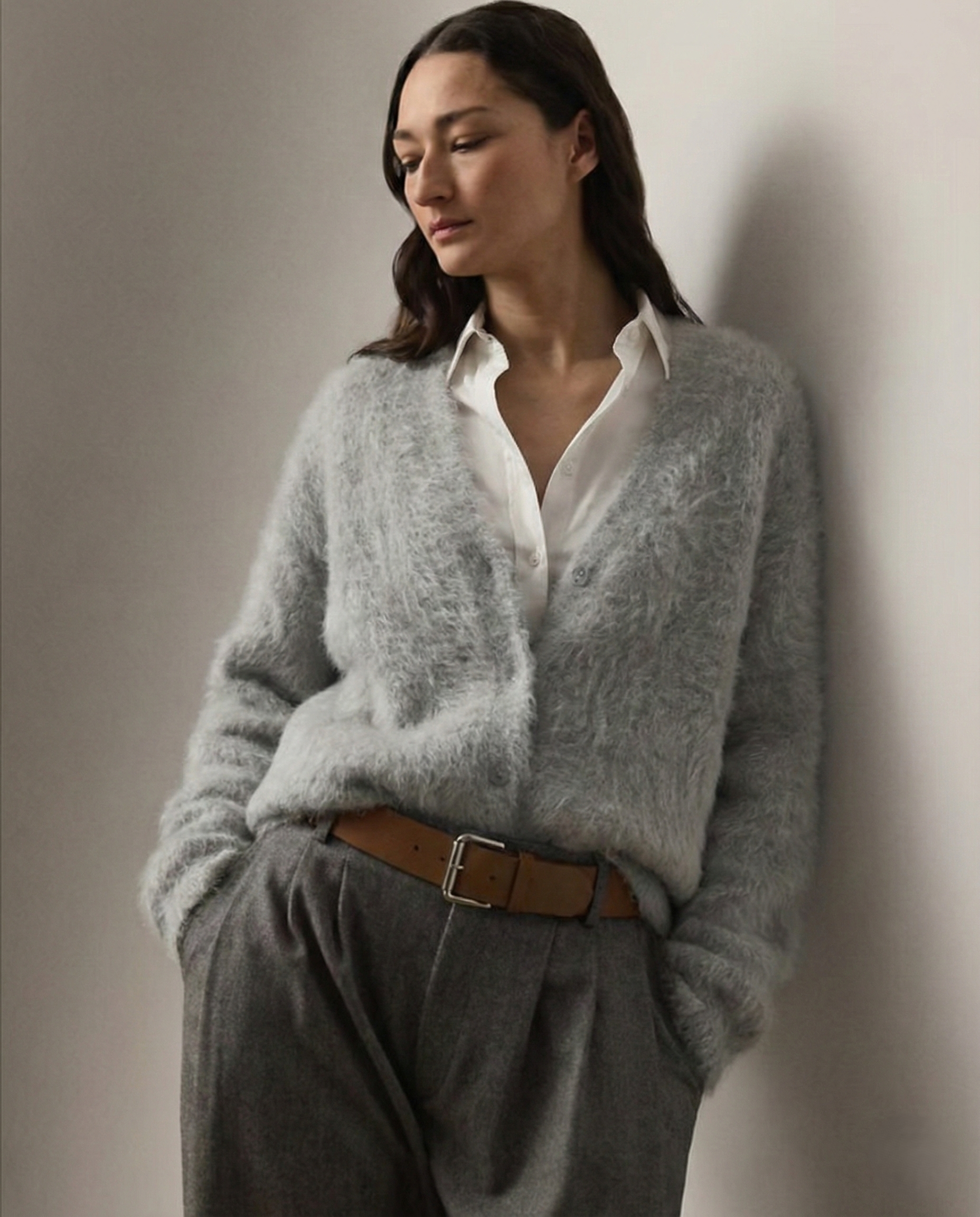 Zelvani | Cardigan Morbido In Finto Cashmere Pelliccia Grigia Chiara