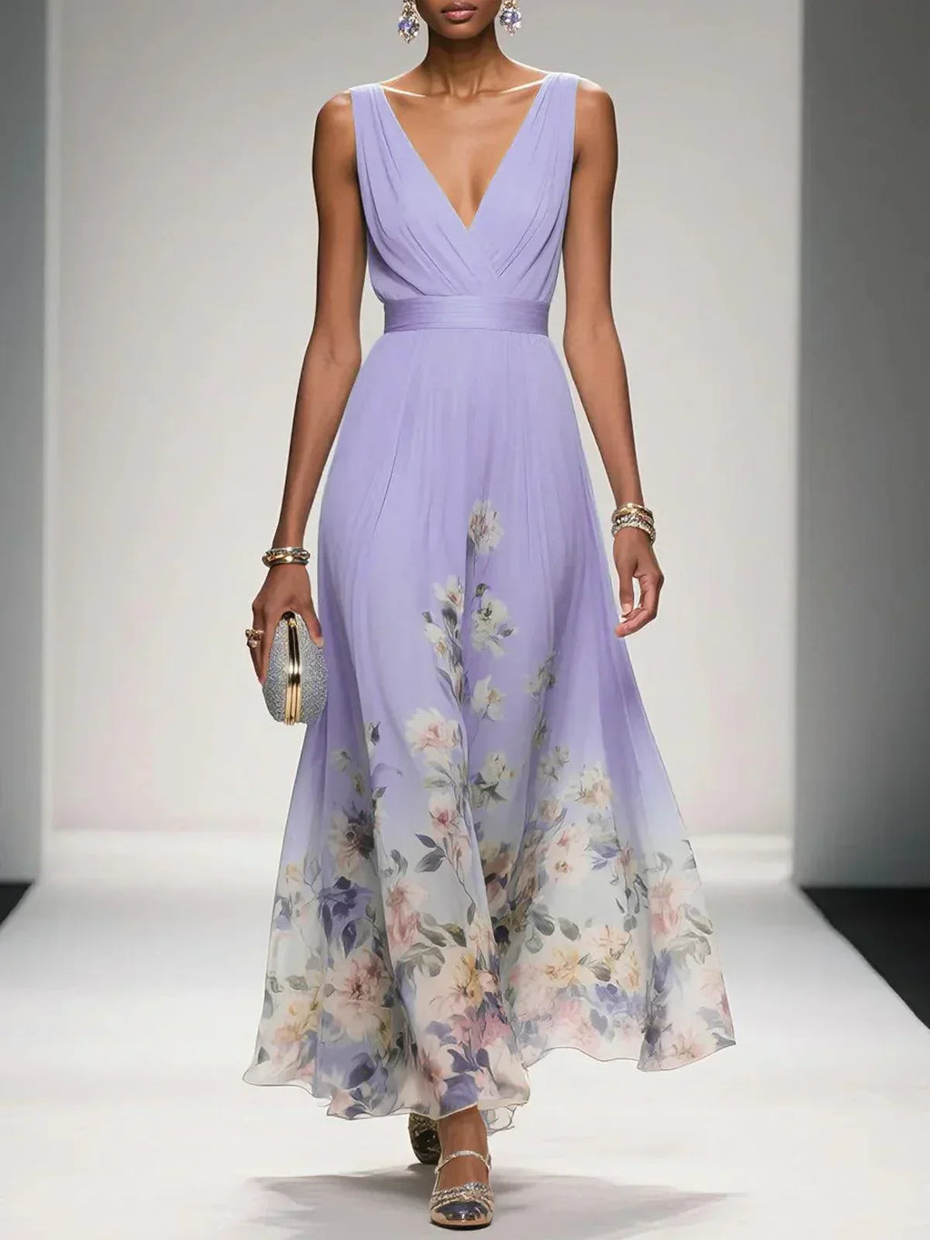 Women's Floral Flowing Formal Occasion Dress with V-Neck